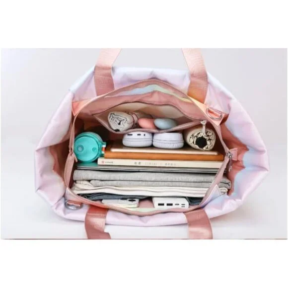 Rainbow Pastel Waterproof Beach Tote Bag for Women - Lightweight Quilted Shoulde - Picture 4 of 8